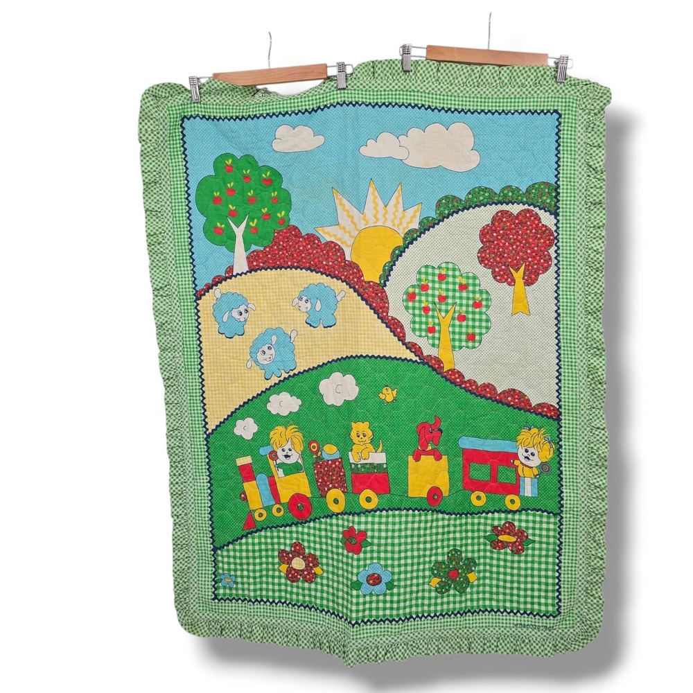 Vintage Thats Our Baby Quilted Nursery Blanket Green Gingham Ruffle Train Sheep
